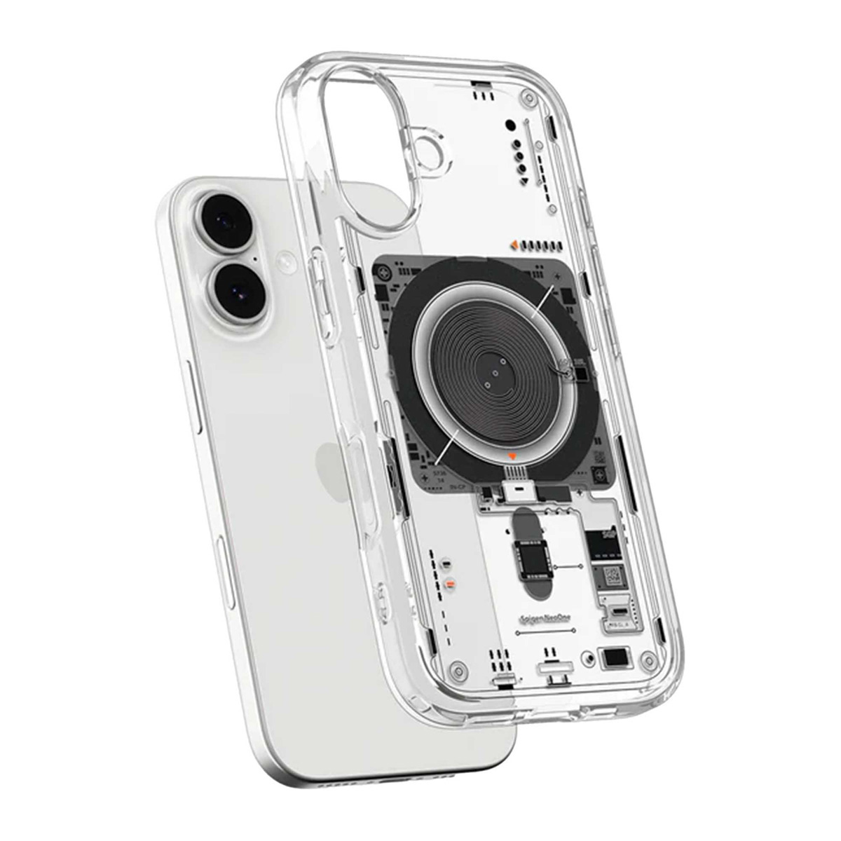Een transparante telefoonhoes met de binnenkant van een telefoon wordt getoond naast een witte iPhone. De hoes zit gedeeltelijk op de telefoon.