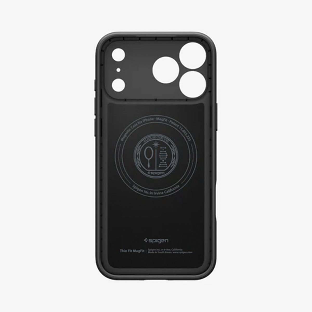Schwarze Handyhülle mit Kameraausschnitten und Spigen-Logo. Text enthält 'Magnetic Case' und 'Thin Fit MagFit'.