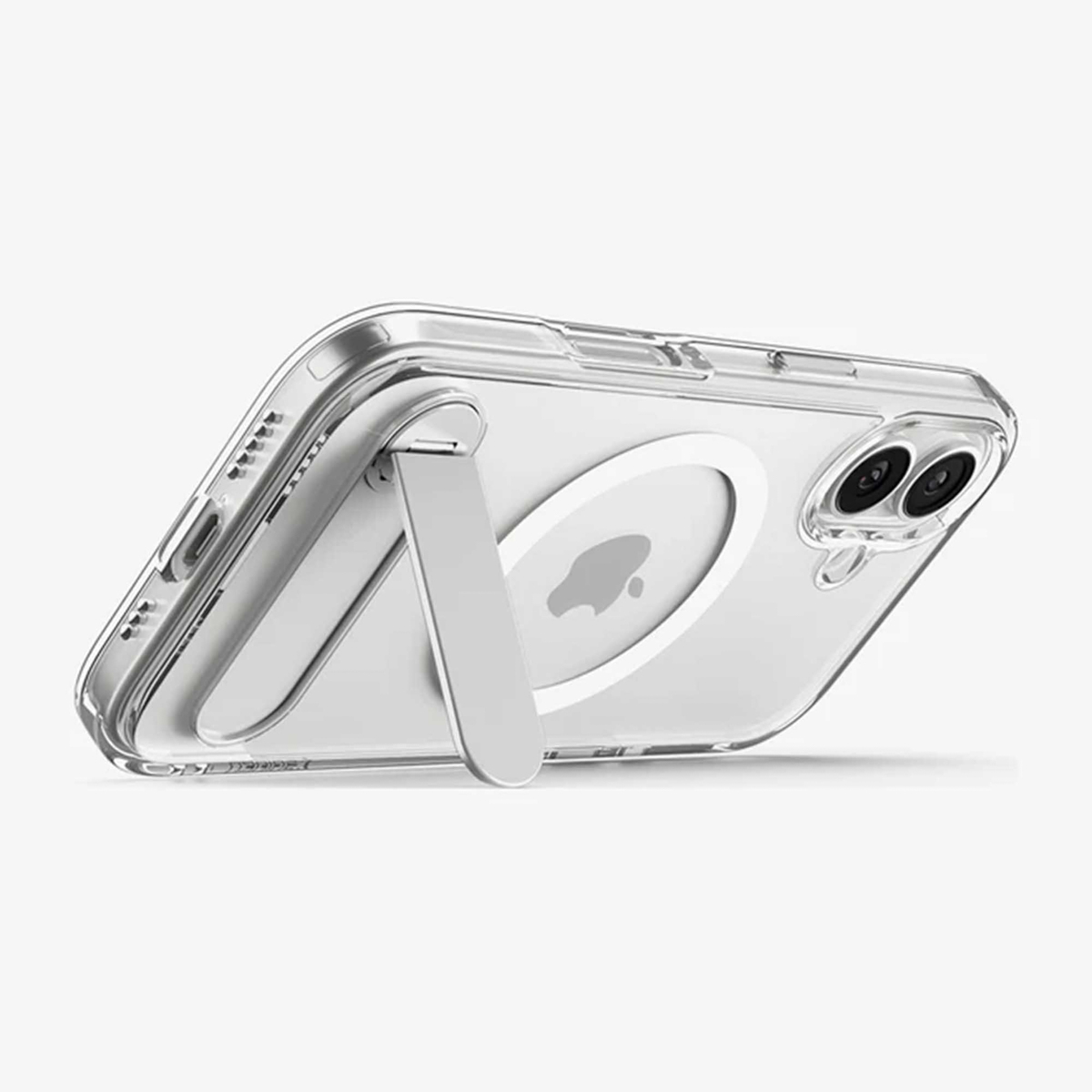 Viene mostrata una custodia trasparente per telefono con supporto. La custodia ha il logo Apple bianco e un ritaglio per la fotocamera.