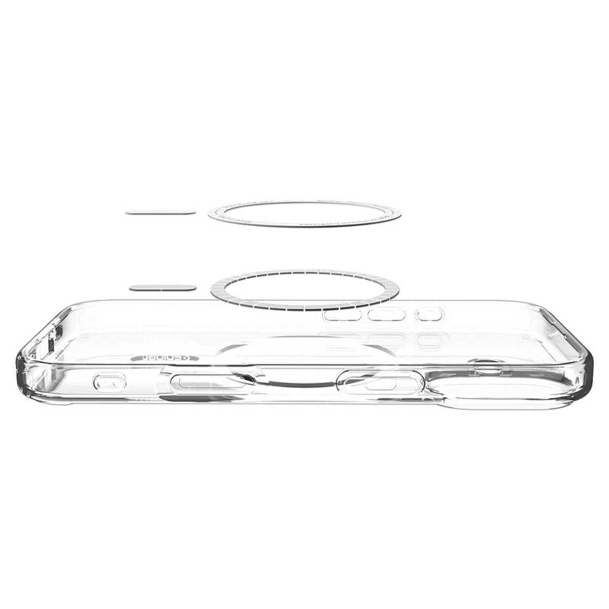 Een transparante telefoonhoes met magnetische ringen en een heldere schermbeschermer worden getoond tegen een witte achtergrond.