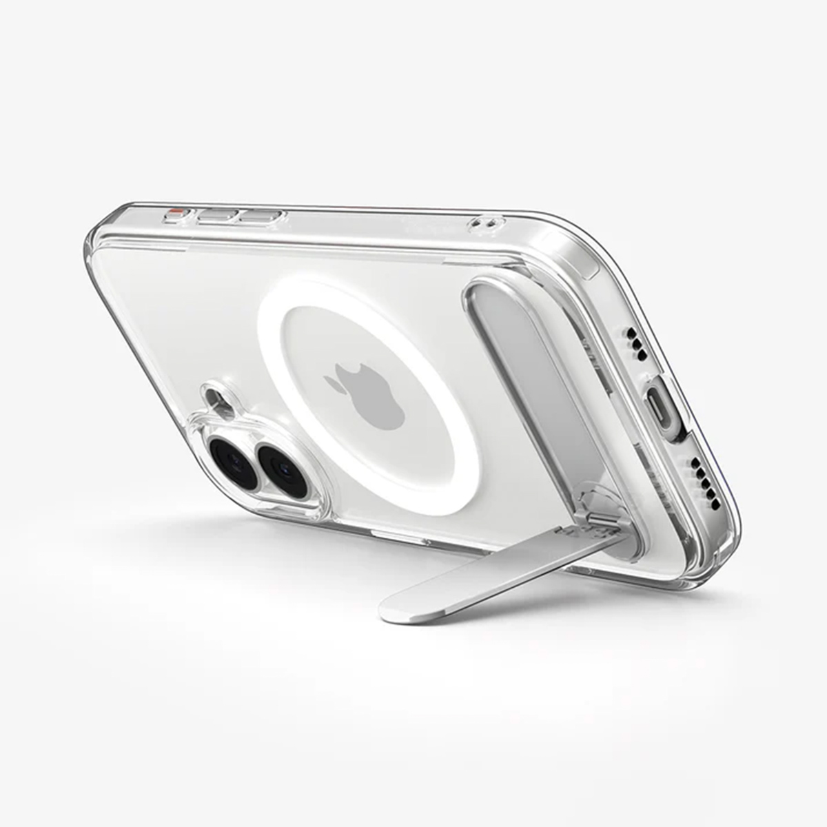 Custodia trasparente con supporto. Il telefono ha un logo Apple e una fotocamera. Il supporto è argentato e angolato.