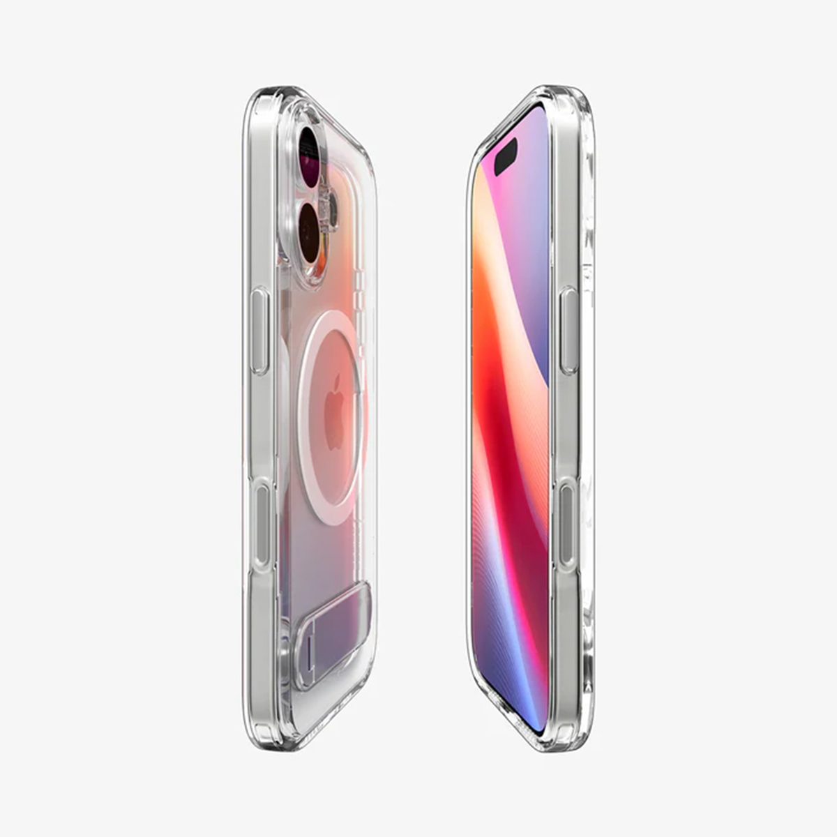 Due iPhone in custodie trasparenti, uno con logo Apple, l'altro con display colorato. Entrambi su sfondo bianco.