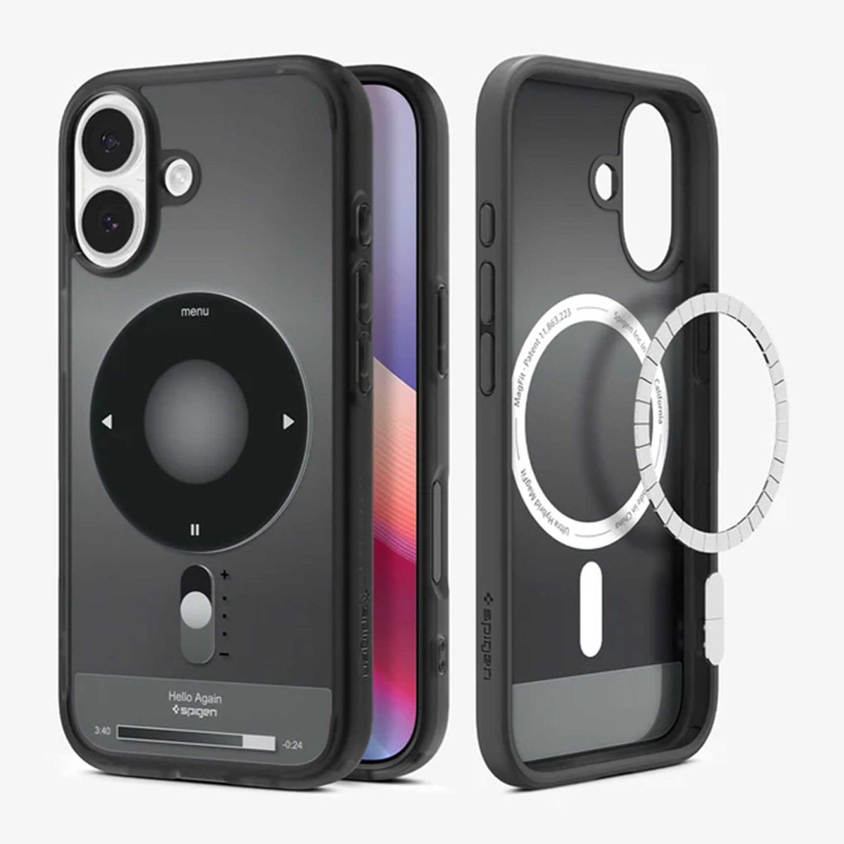 Zwarte telefoonhoesjes met een iPod-achtig ontwerp. Eén houdt een telefoon vast, de andere heeft een MagSafe-ring. Het telefoonscherm is zichtbaar.