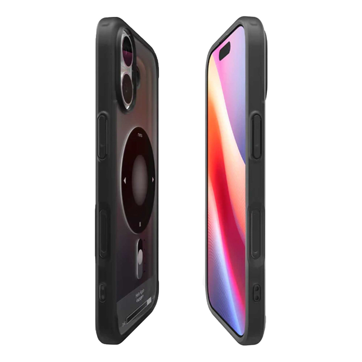 Twee zwarte iPhone-hoesjes, één met een zichtbaar scherm, de andere met een cirkelvormig ontwerp dat op een iPod lijkt.