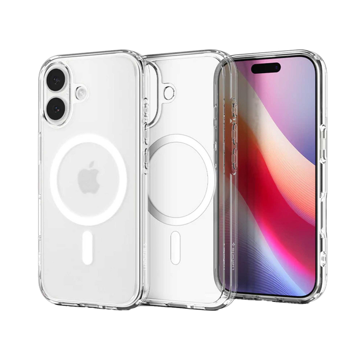 Drie doorzichtige telefoonhoesjes met een iPhone erin. Camera's, Apple-logo en beschermranden zichtbaar.