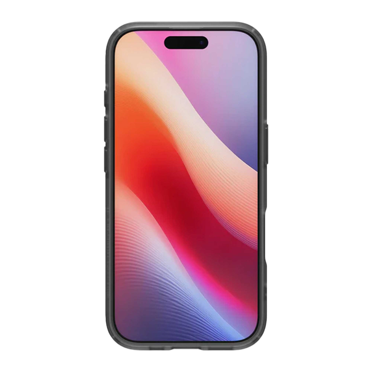 Smartphone met een kleurrijk scherm met rode, roze en paarse verlopen. Het heeft een zwarte rand en een uitsparing aan de bovenkant.