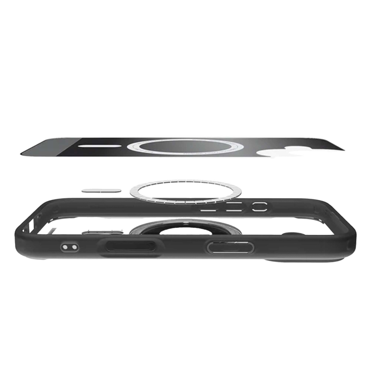 Een geëxplodeerde weergave van een zwarte telefoonhoes met een magnetische ring en een apart achterstuk, zwevend boven het frame.