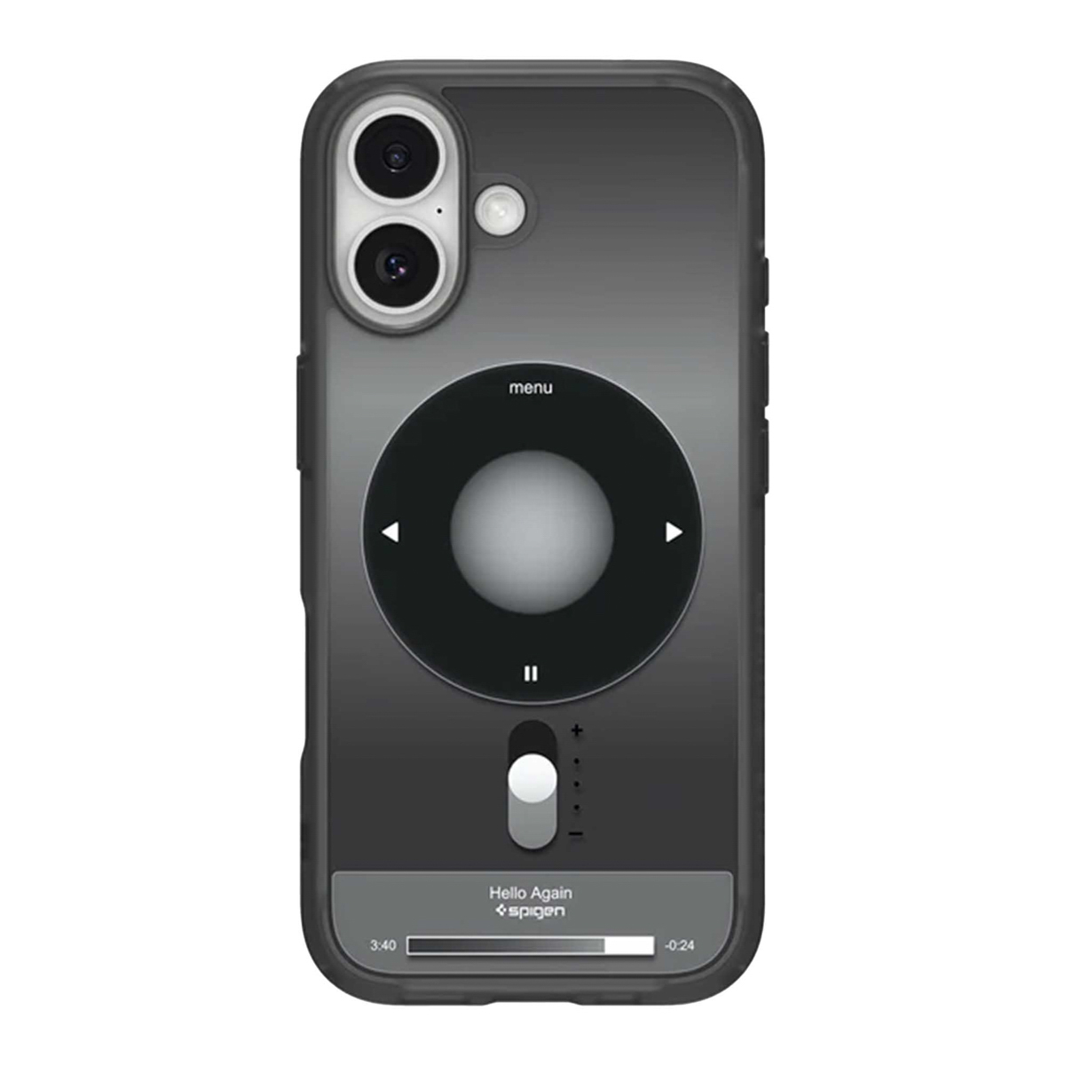 Zwarte telefoonhoes met iPod-ontwerp. De hoes heeft een scherm met een iPod-interface. De achtergrond is wit.