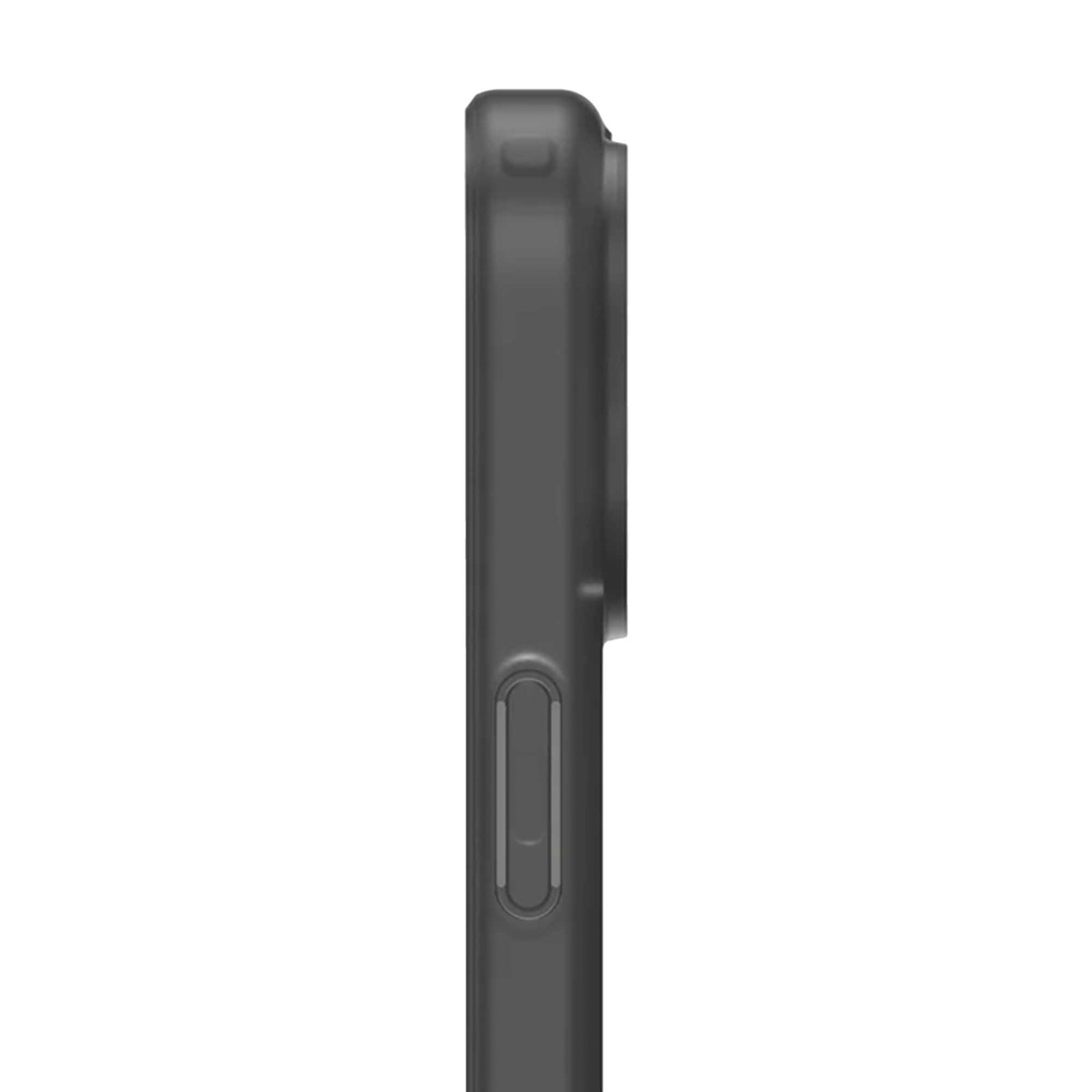 De zijkant van een donkergrijze telefoonhoes wordt getoond. Het heeft een volumeknop, een aan/uit-knop en een uitsparing voor de camera. De achtergrond is wit.