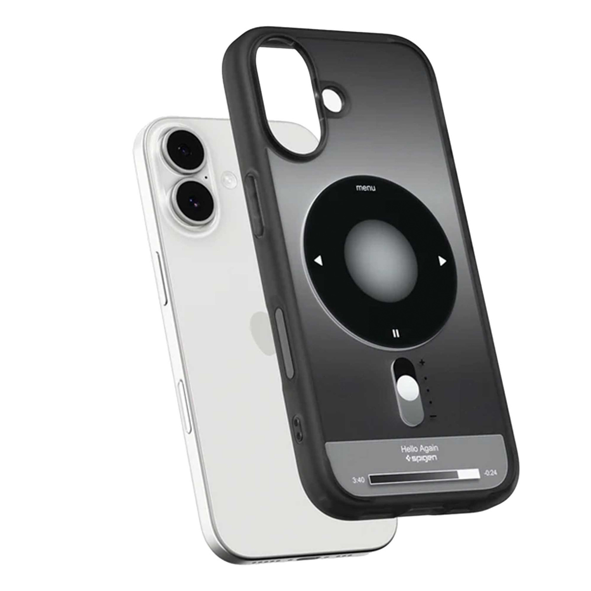 Een witte iPhone met een zwarte hoes. De hoes imiteert een iPod, met een cirkelvormig bedieningspaneel en scherm. De hoes is van het merk Spigen.