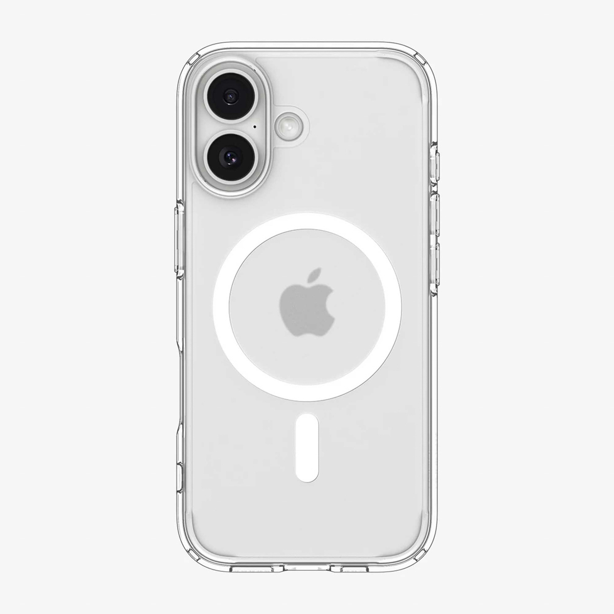 Een transparante telefoonhoes met een witte cirkel en een Apple-logo. Het heeft een cameramodule en een witte achtergrond.