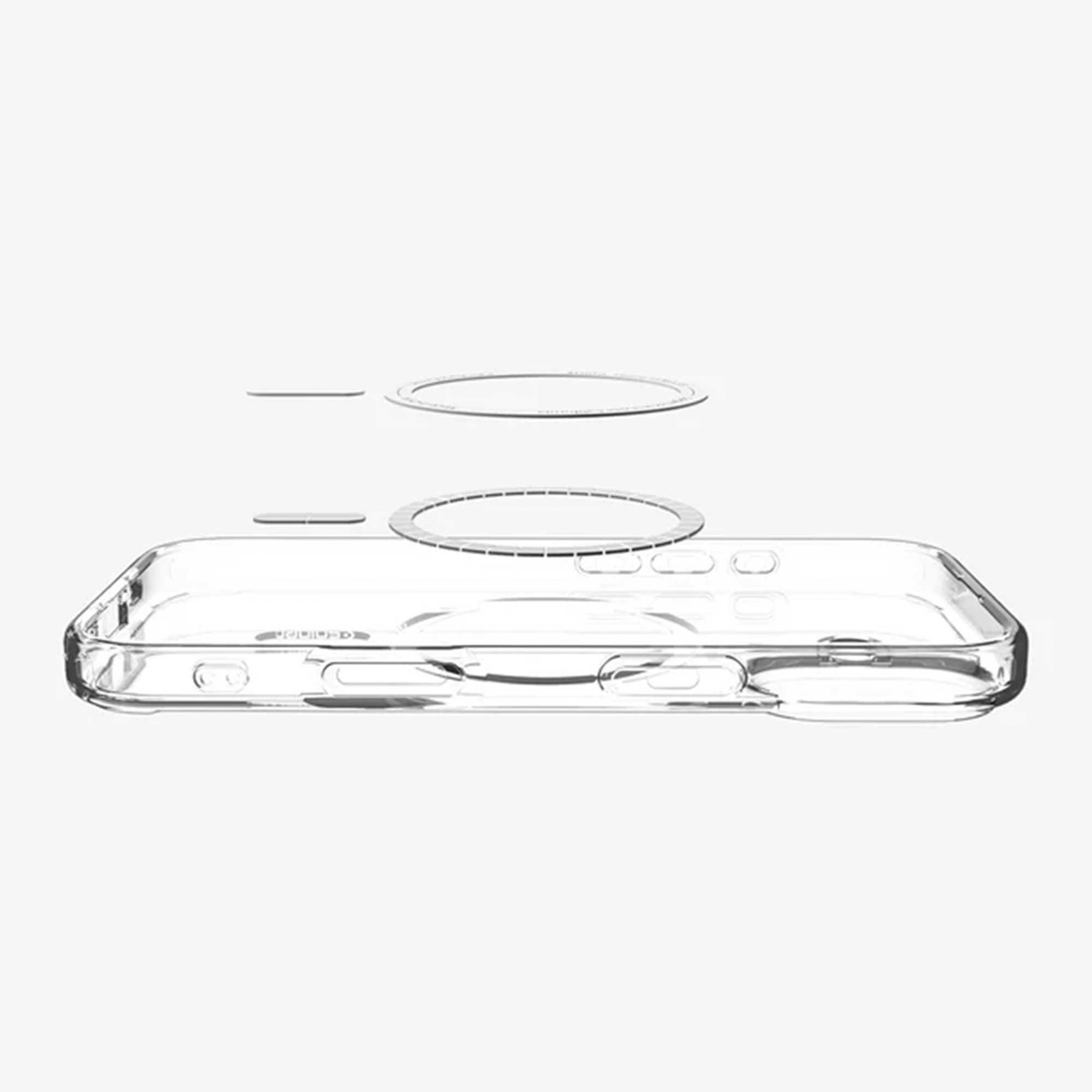 Een doorzichtige telefoonhoes met magnetische ringen erboven. De hoes staat op een witte achtergrond. Horizontale lijnen en cirkels zweven erboven.