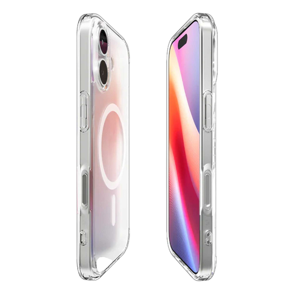Twee doorzichtige telefoonhoesjes, één toont de camera, de ander het scherm. Beide zijn transparant en reflecteren licht.