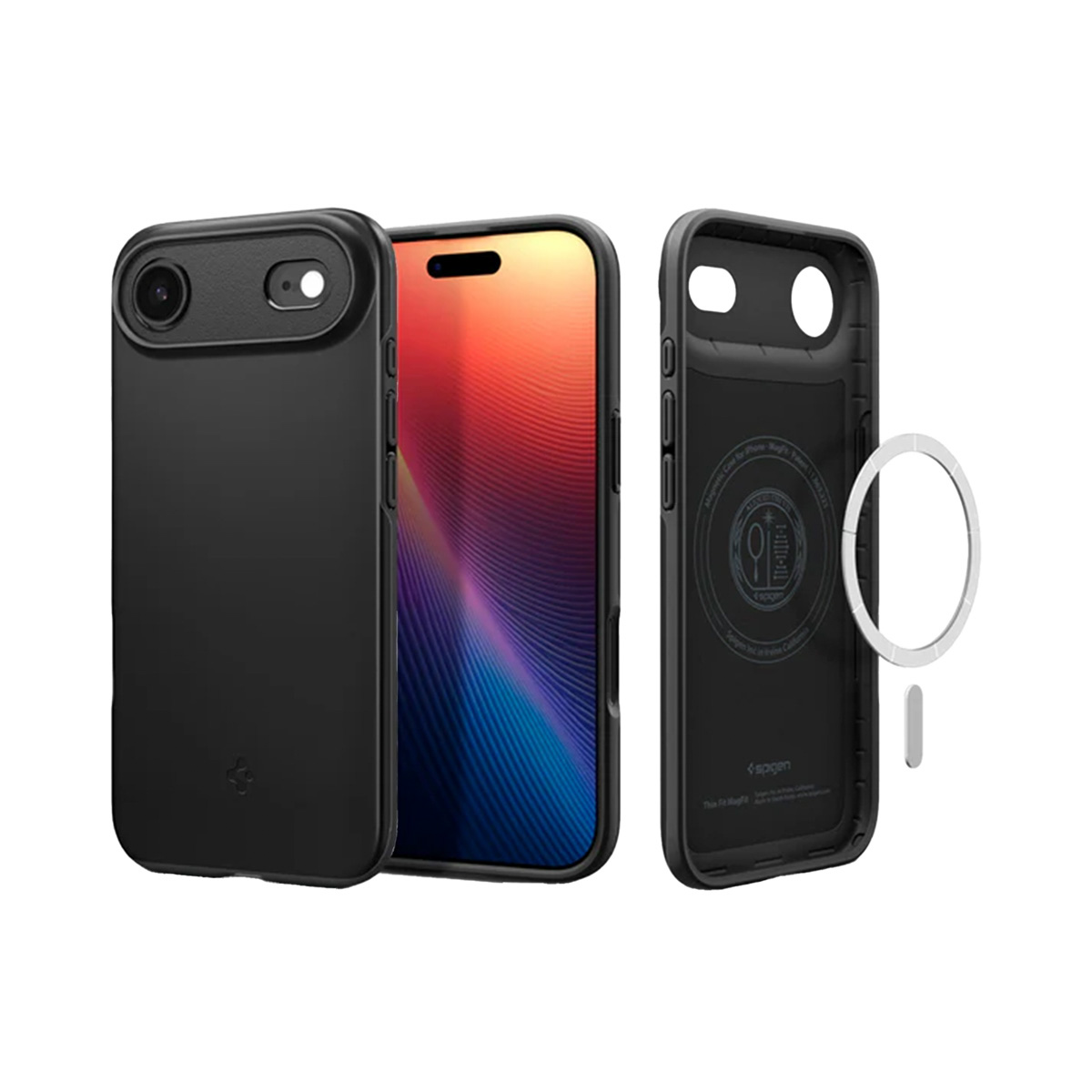 Zwarte telefoonhoes met een telefoon. De telefoon heeft een kleurrijk scherm. De hoes is gescheiden. Witte achtergrond.