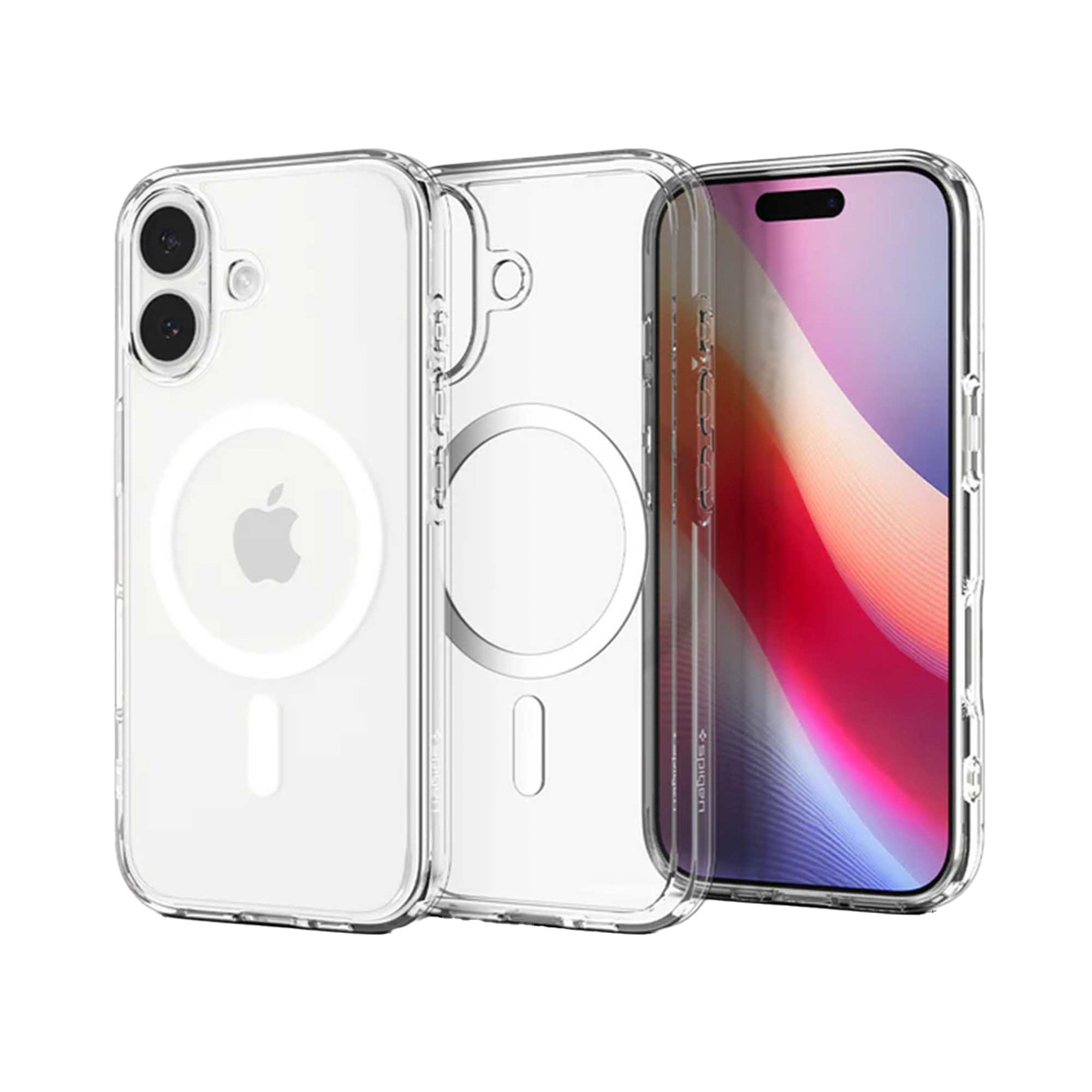 Transparante telefoonhoesjes met een iPhone. De hoesjes zijn transparant en tonen een Apple-logo en de functies van de telefoon.