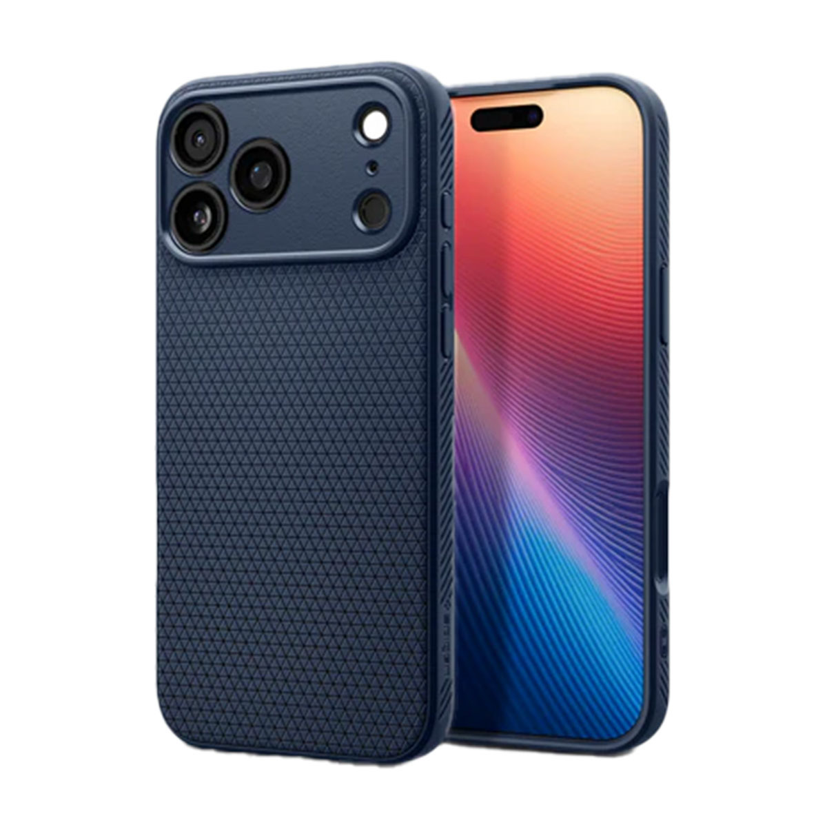 Une coque de téléphone bleu marine avec un dos texturé et un téléphone avec un écran affichant des dégradés rouges, violets et bleus.