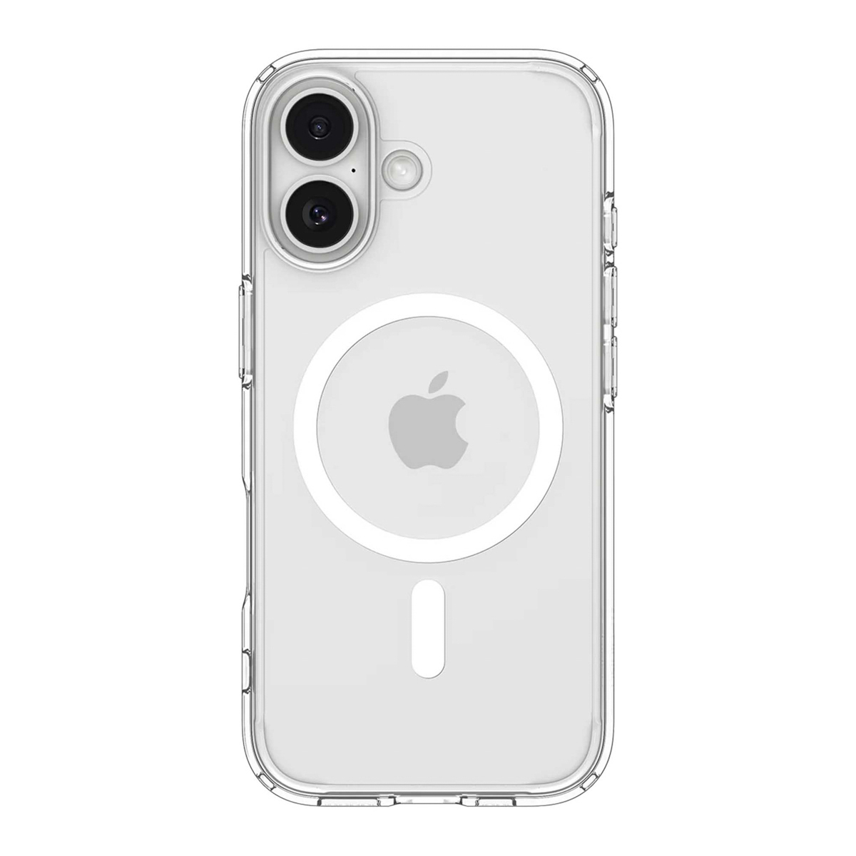 Transparante iPhone-hoes. Het heeft een witte ring met het Apple-logo en een lijn onderaan. Dubbele camera en flitser bovenaan.