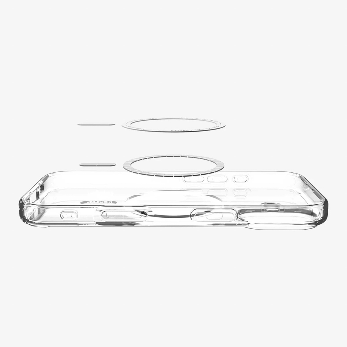 Transparante telefoonhoes met verhoogde cirkelvormige elementen en een open achterkant, die de knoppen van de telefoon laat zien. Witte achtergrond.