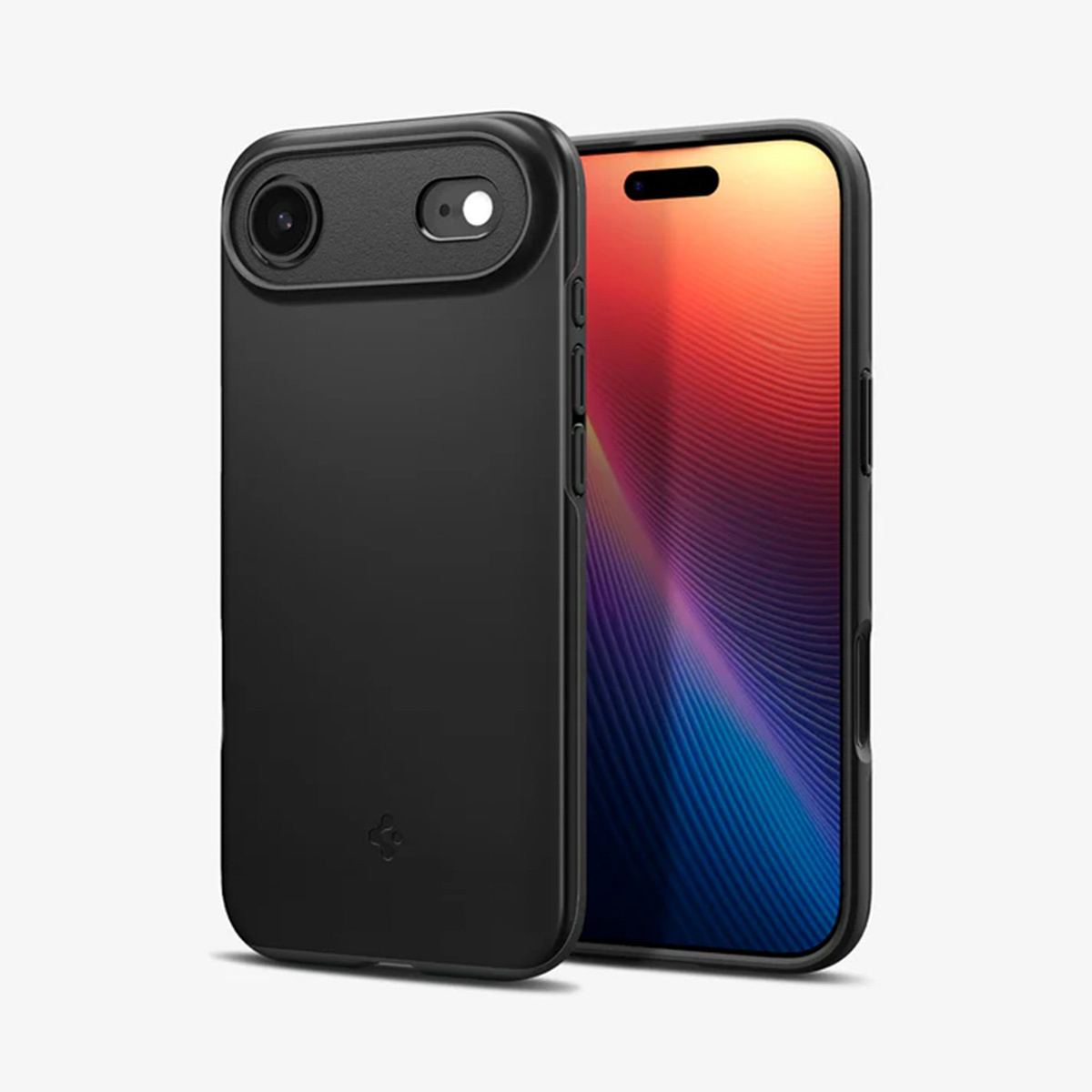 Zwarte telefoonhoes met cameralens en een telefoon met een kleurrijk scherm.