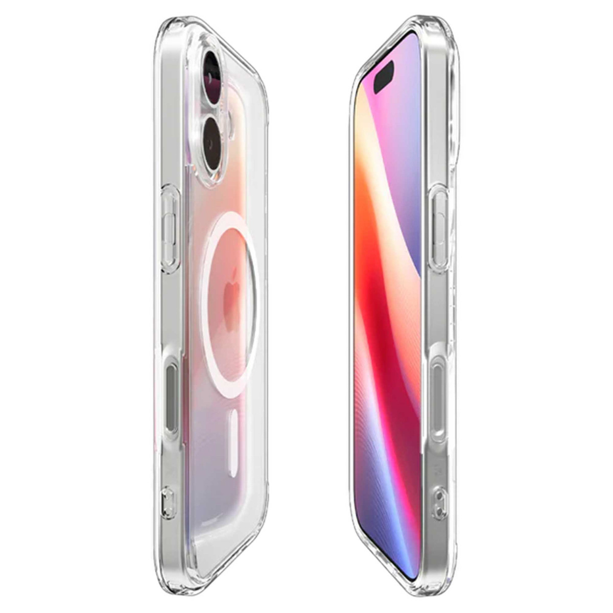 Twee doorzichtige telefoonhoesjes, elk met een telefoon. Eén toont de camera en het Apple-logo, de andere het scherm.