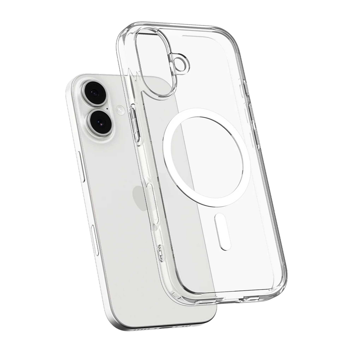 Transparante telefoonhoes met een telefoon erin. De hoes heeft een magnetische ring. De telefoon is zilver.