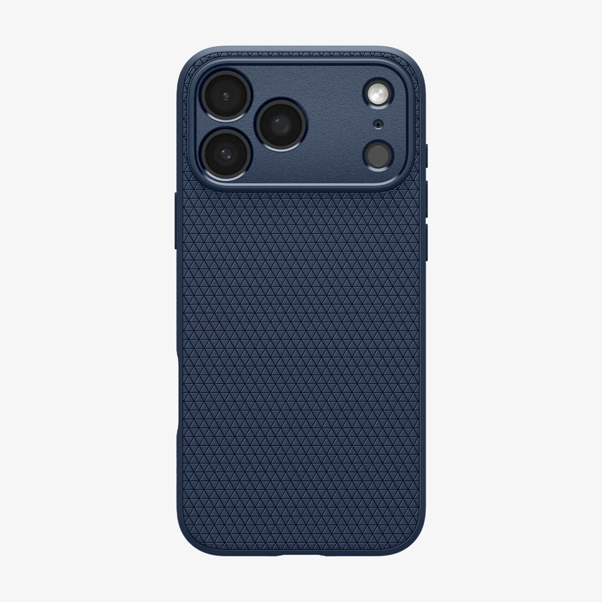 Une coque de téléphone bleu marine. Elle a une surface texturée avec un motif géométrique. Le haut comporte des lentilles de caméra et un flash.