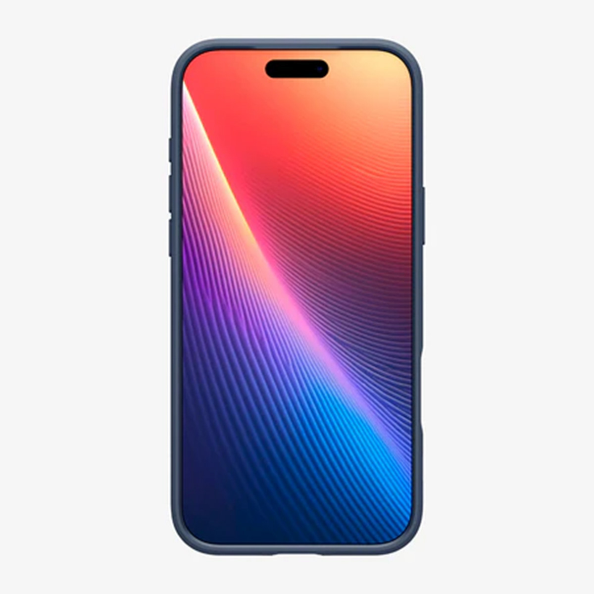 Un smartphone avec un étui bleu affiche un design abstrait coloré de dégradés rouges, oranges, jaunes et bleus.