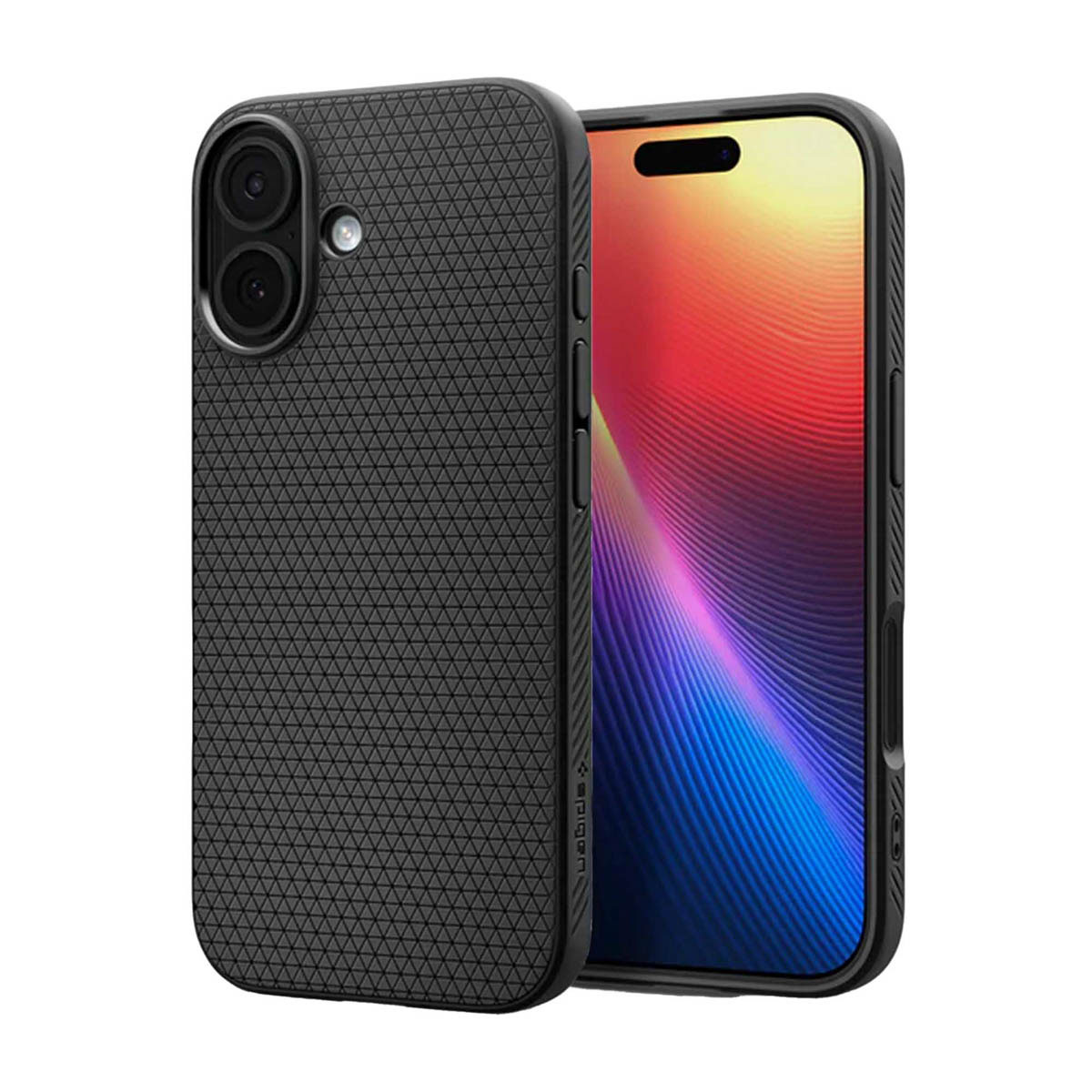 Zwarte telefoonhoes met een textuurpatroon, naast een telefoon met een kleurrijke abstracte afbeelding.