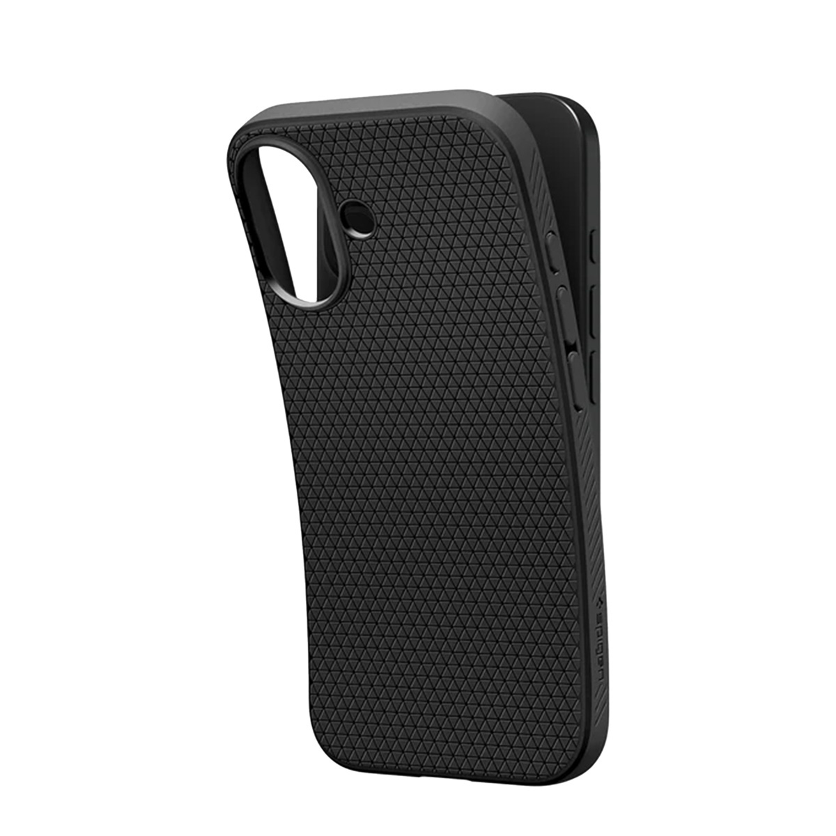 Zwarte telefoonhoes met een textuur, met uitsparingen voor camera en knoppen. De achtergrond is wit.