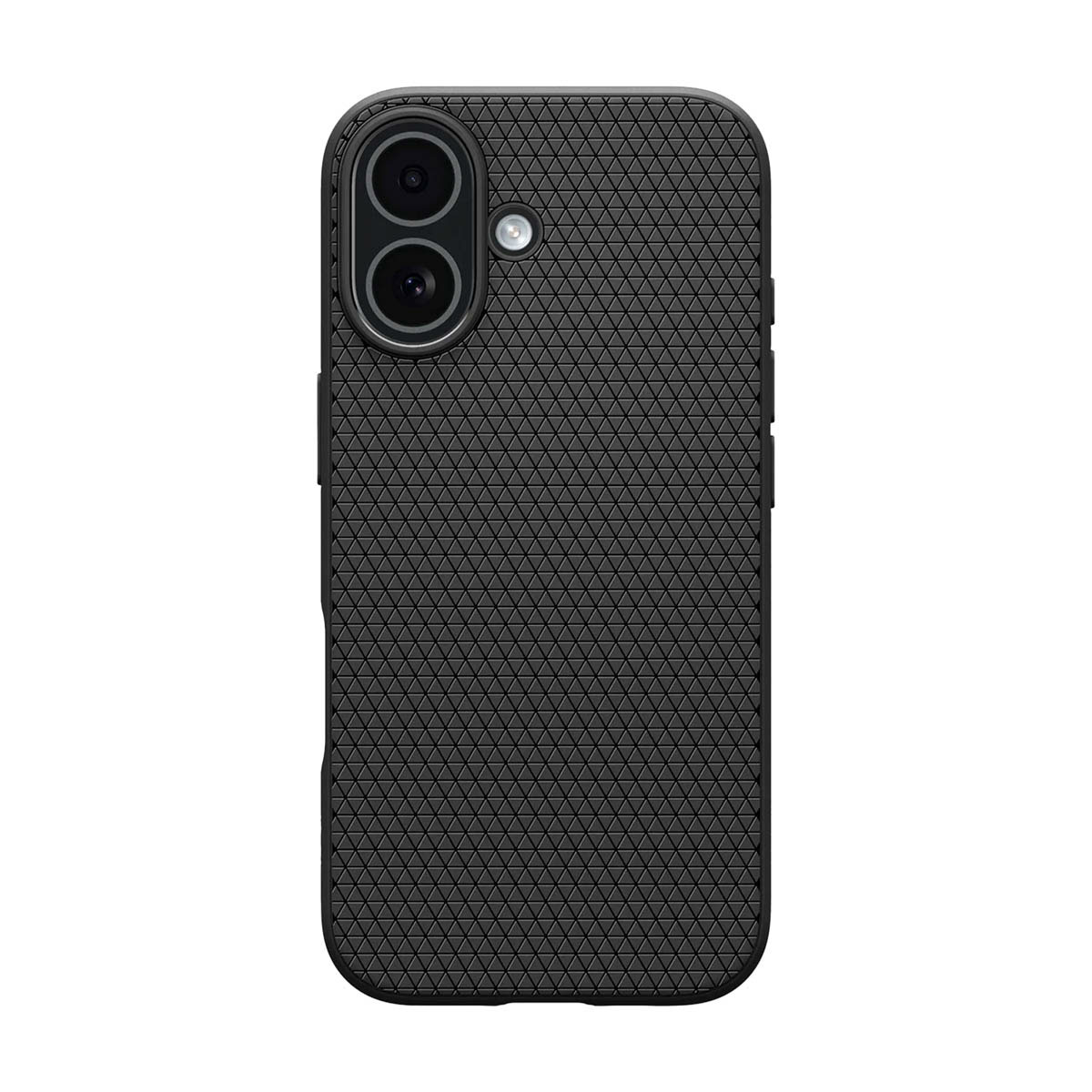 Zwarte telefoonhoes. De hoes heeft een getextureerd oppervlak met een geometrisch patroon. Het heeft twee cameralenzen en een flitser.