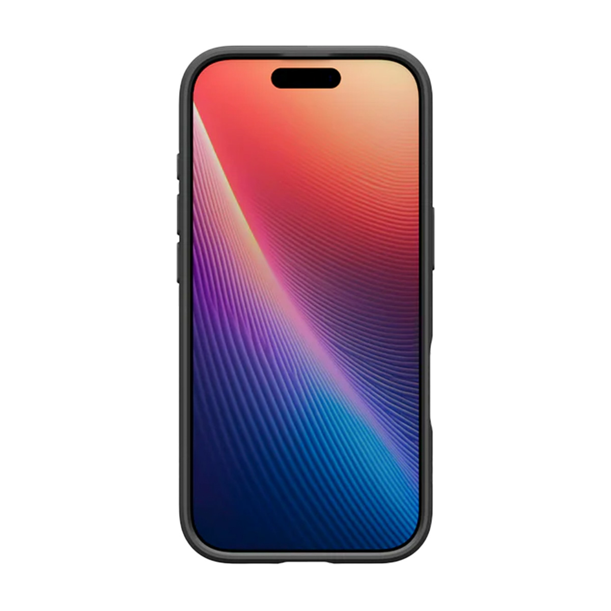 Een smartphone in een zwarte hoes wordt weergegeven. Het scherm toont een kleurrijk abstract ontwerp met rode, paarse en blauwe tinten.