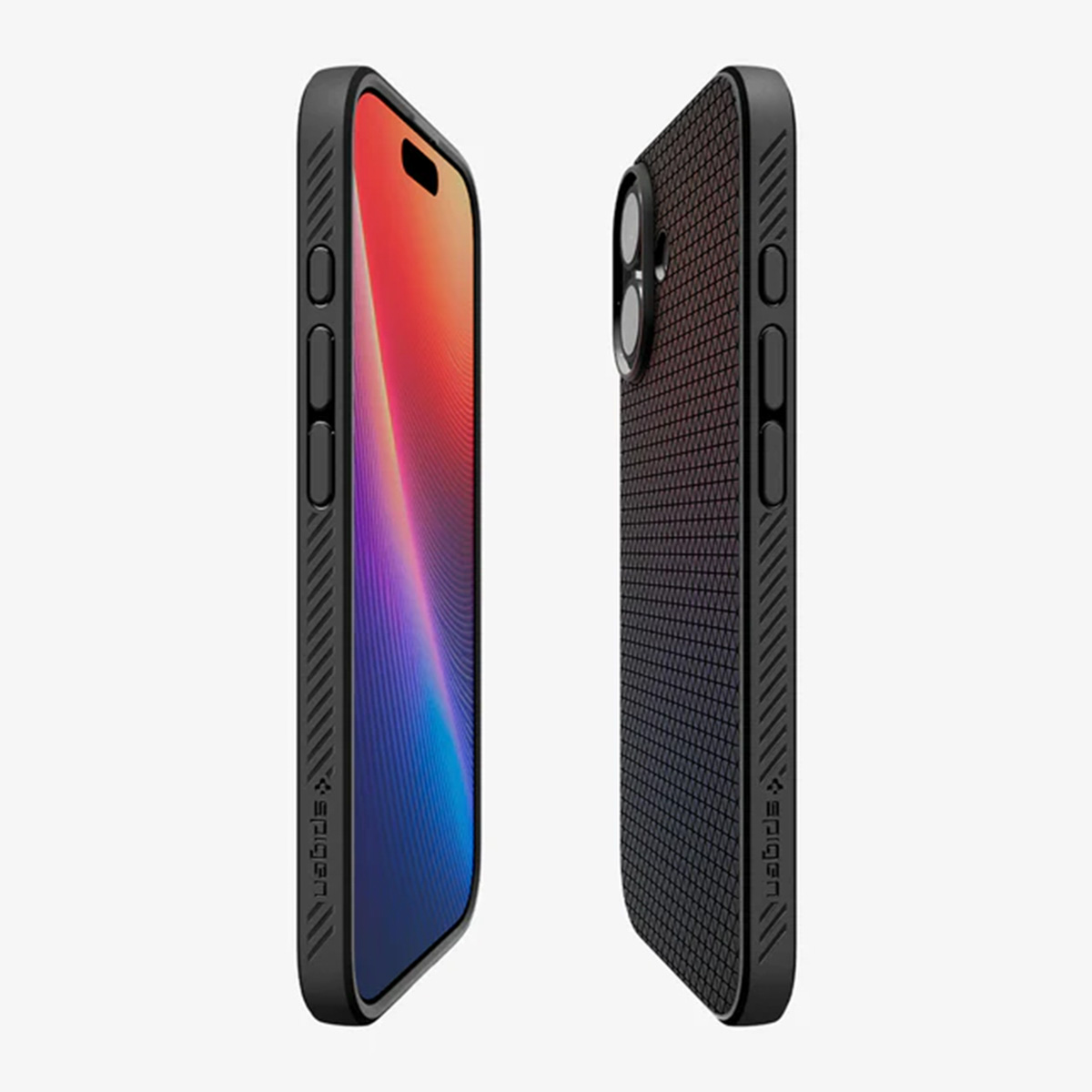 Twee zwarte telefoonhoesjes. Eén toont een kleurrijk scherm. De andere heeft een textuur en cameralenzen.