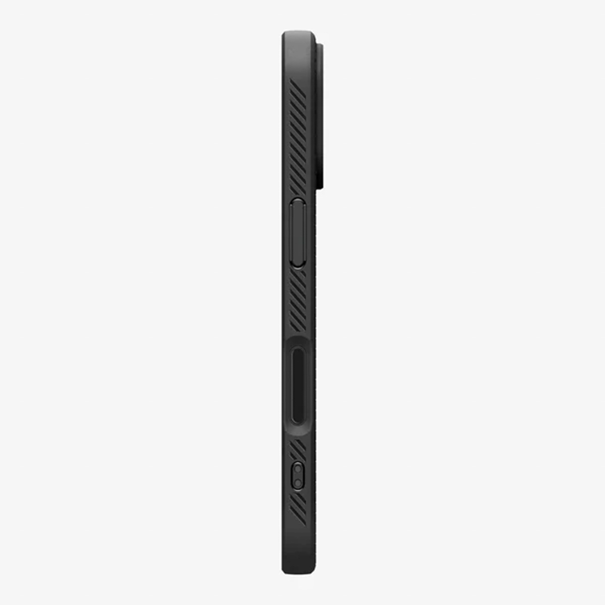 Zijaanzicht van een zwarte smartphone in een hoesje. Zichtbaar zijn de volumeknoppen, de aan/uit-knop en de oplaadpoort. Witte achtergrond.