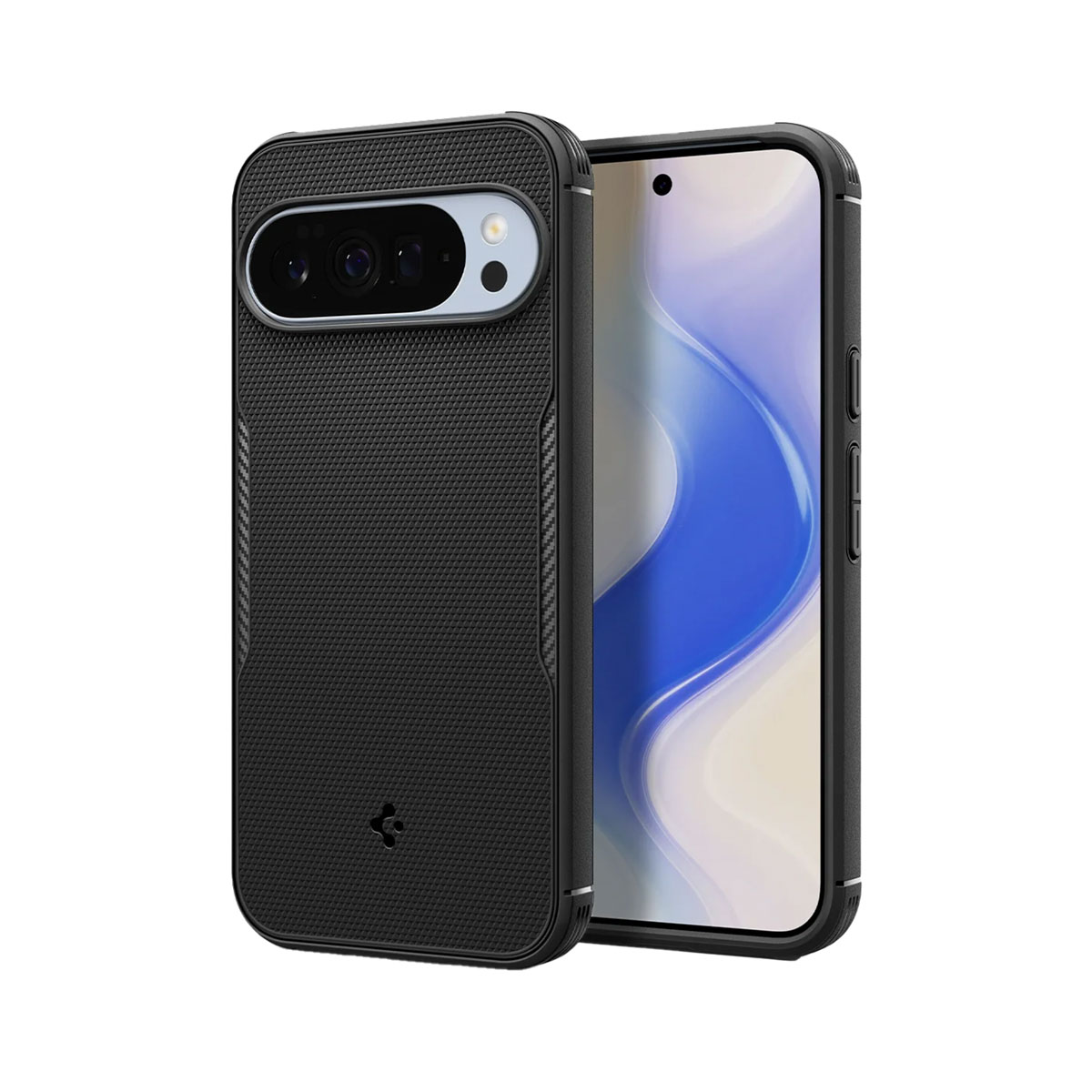 Zwarte telefoonhoes met een getextureerde achterkant en camera-uitsparing. Een tweede telefoon met zichtbaar scherm ernaast.