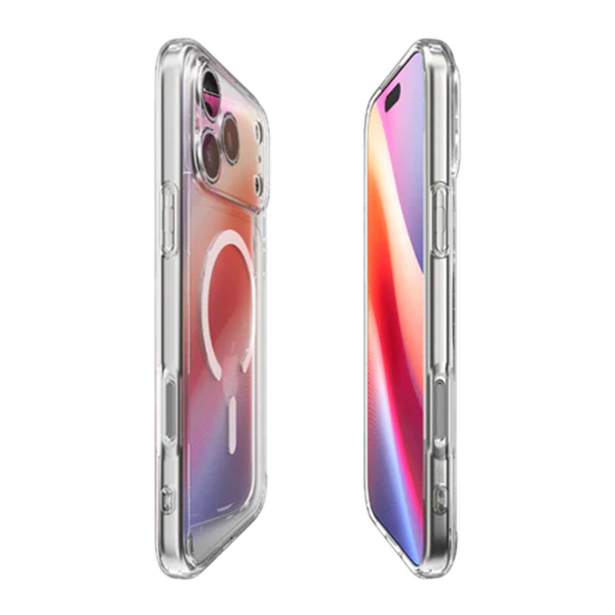Twee doorzichtige telefoonhoesjes, één met een kleurrijk scherm, de andere met een ontwerp, beide schuin op een witte achtergrond.