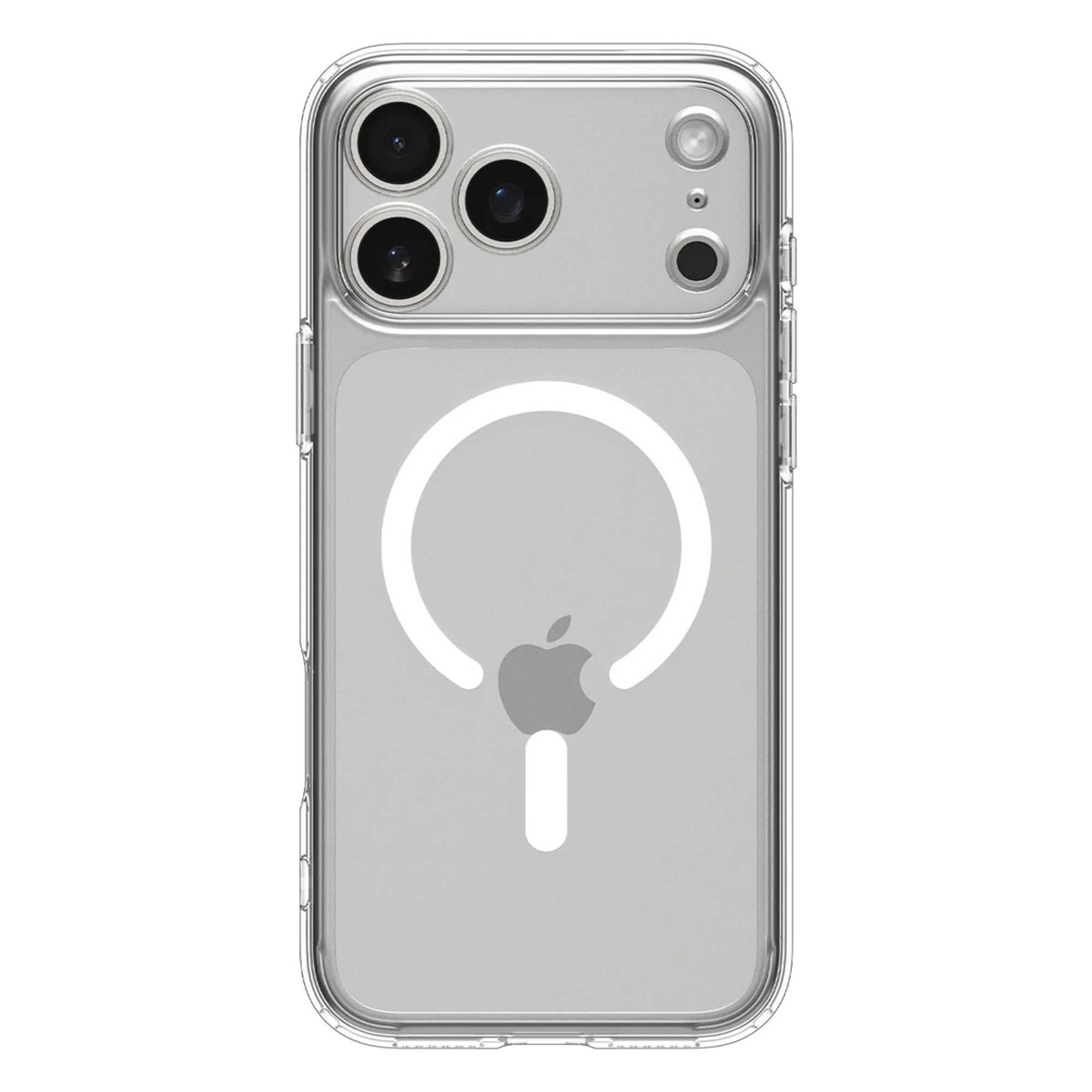 Een doorzichtige telefoonhoes. Het heeft een witte magnetische ring en een Apple-logo. De camera heeft vier lenzen en een flitser.