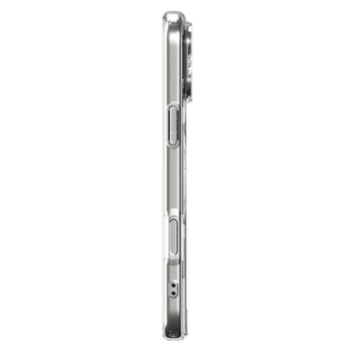 Een transparante smartphonehoes, zijaanzicht, met knoppen en cameragedeelte. De hoes is transparant met een metalen frame.