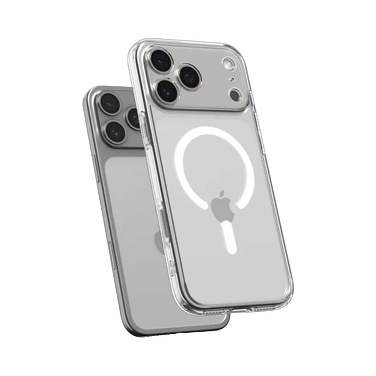 Twee transparante telefoonhoesjes. De bovenste hoes heeft een witte MagSafe-ring en een Apple-logo. Beide hebben camera-uitsparingen.