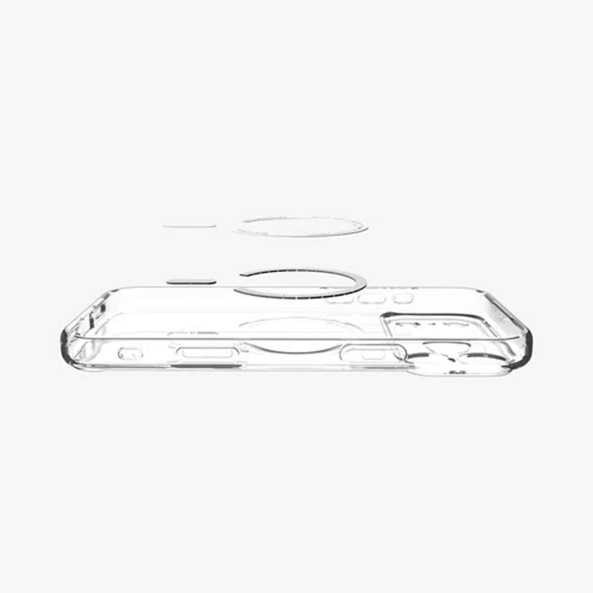 Een transparante telefoonhoes met een magnetische ring, een doorzichtige achterkant en andere transparante componenten, geplaatst op een witte achtergrond.