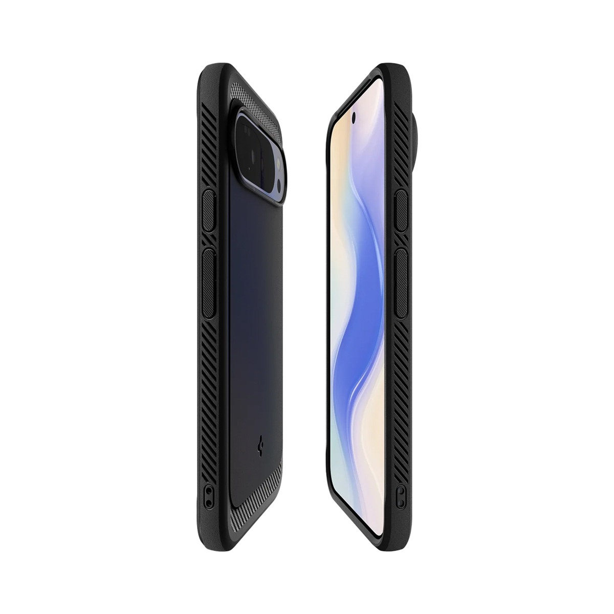 Twee zwarte smartphonehoesjes. Eén toont de achterkant met camera, de andere het scherm met blauwe en witte golven. Beide in zijaanzicht.
