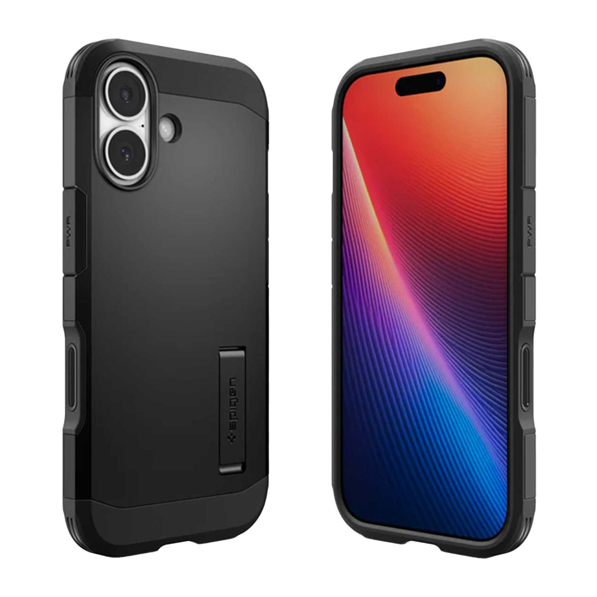 Due custodie nere per telefono. Una con fori per la fotocamera, l'altra con uno schermo che mostra un design astratto colorato.