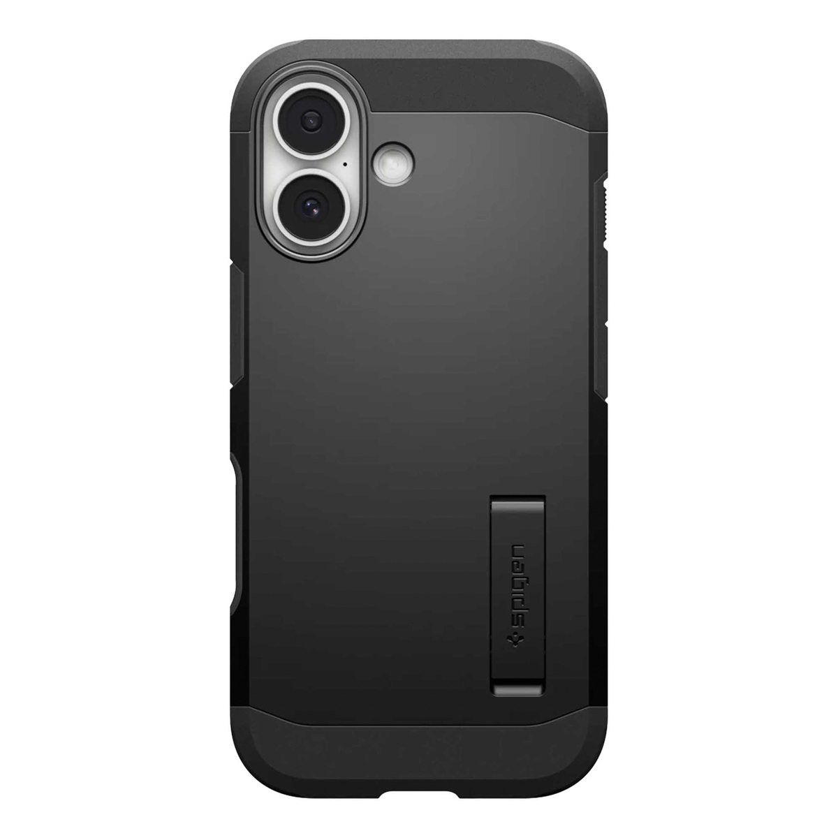 Custodia nera per telefono con due lenti della fotocamera e una piccola lente. Ha un supporto e il logo 'Spigen'.