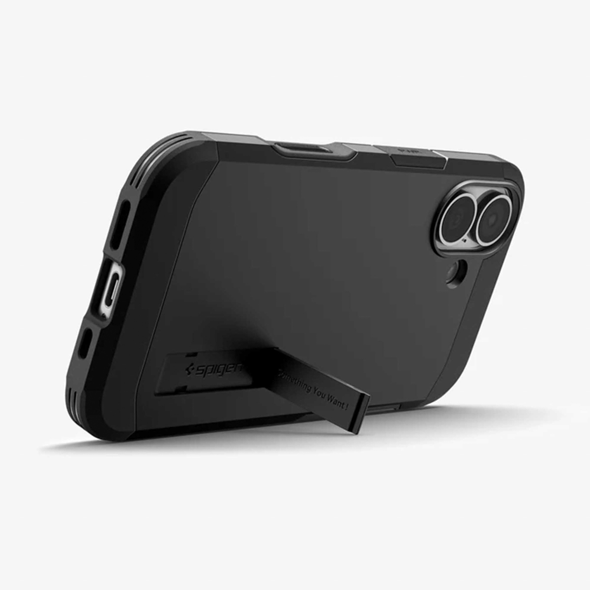 Una custodia nera per telefono con cavalletto. La custodia ha il logo Spigen e la scritta 'Something You Want!' sul cavalletto.