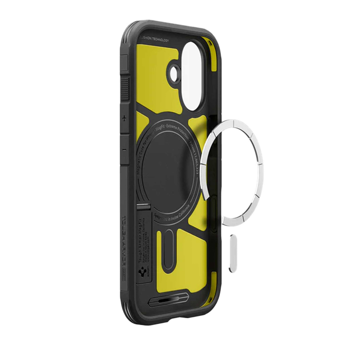 Una custodia per telefono nera e gialla con un anello argentato. La custodia ha del testo ed è angolata per mostrare il suo design.