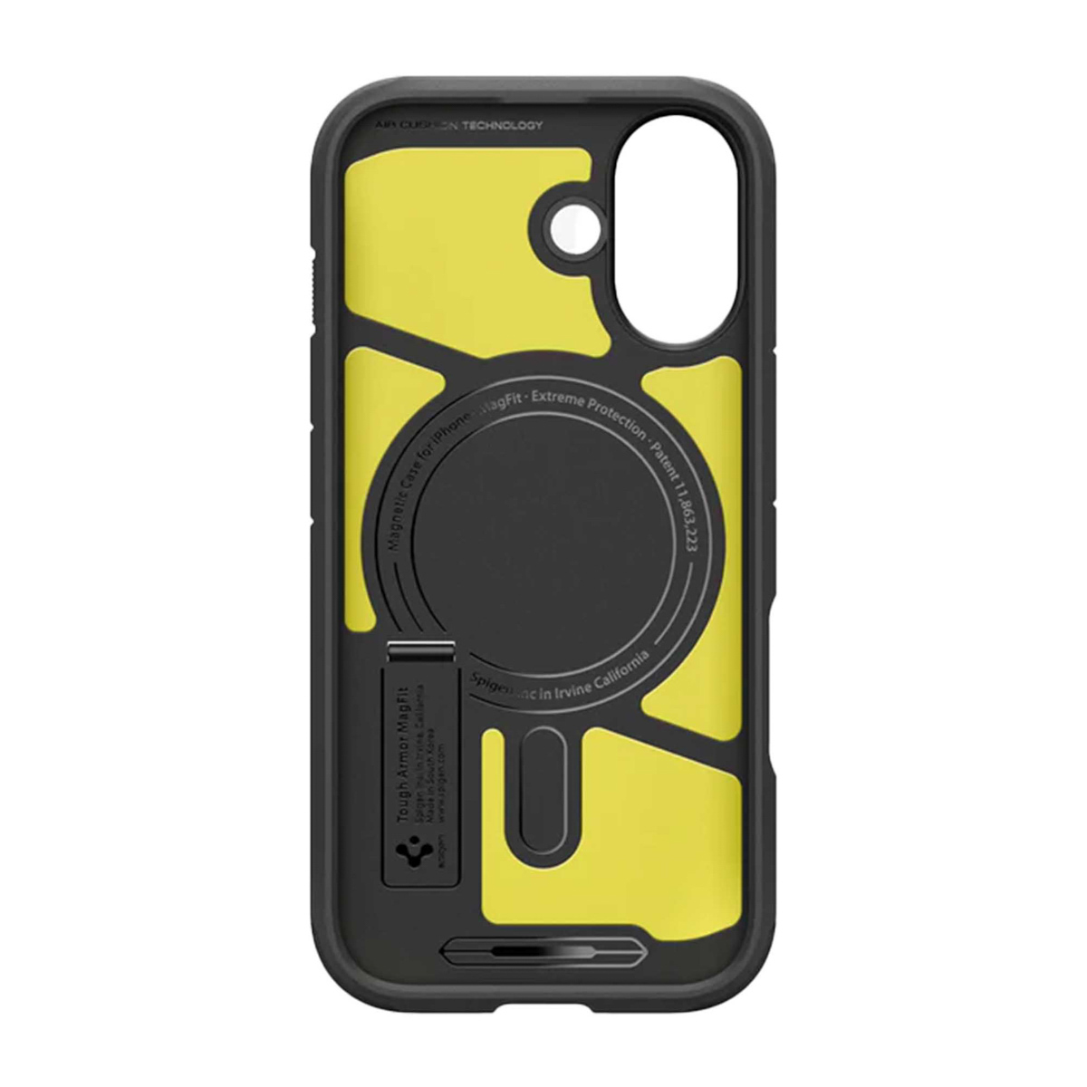 Una custodia per telefono nera e gialla con MagFit Extreme Protection. Ha un cavalletto e il marchio Spigen.