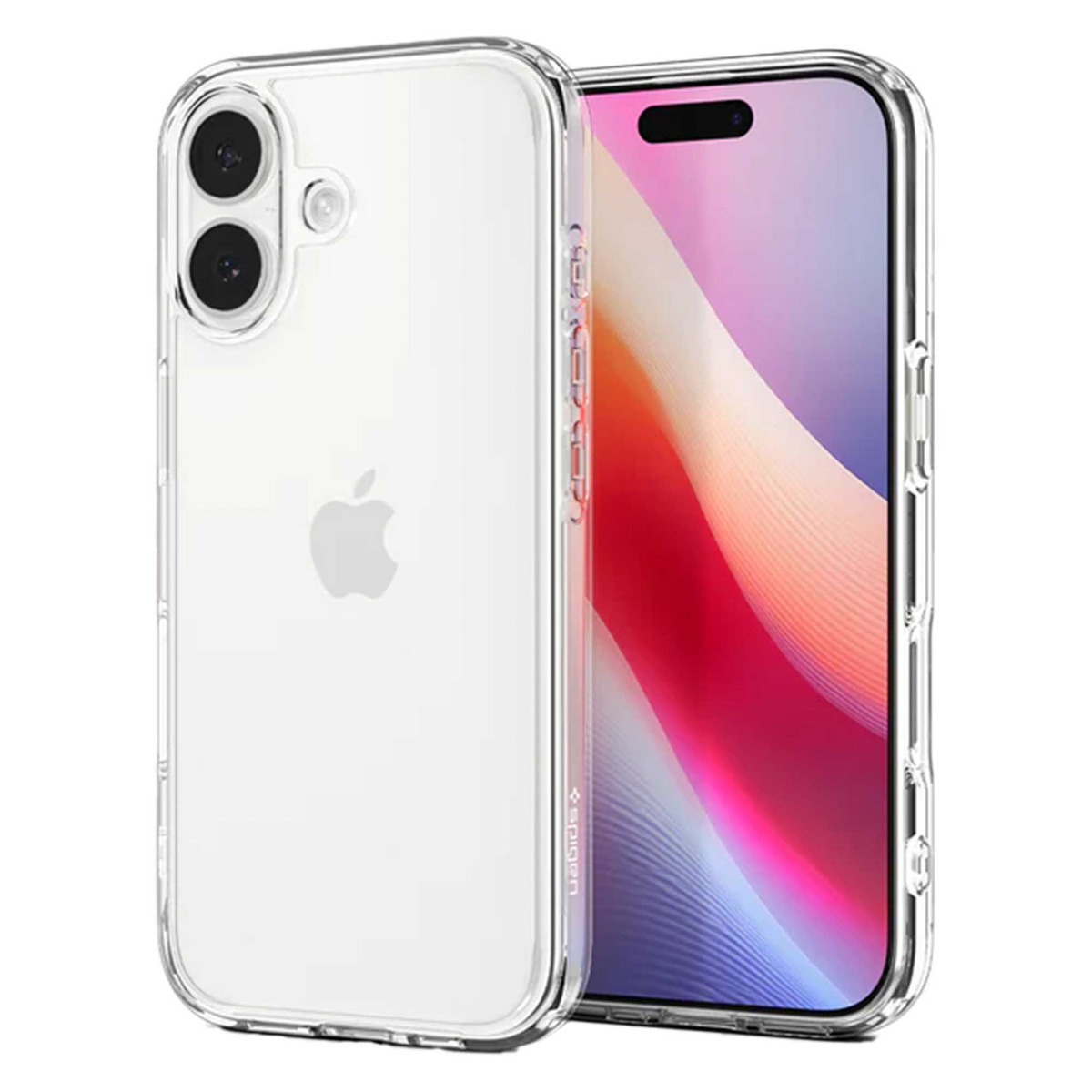 Twee transparante telefoonhoesjes met telefoons erin. Eén hoesje staat links met een Apple-logo, de andere rechts.