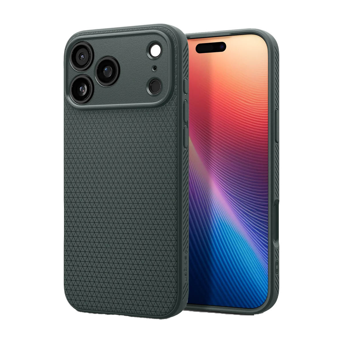 Une coque de téléphone vert foncé et un téléphone avec un écran coloré. La coque a une surface texturée et recouvre la caméra du téléphone.