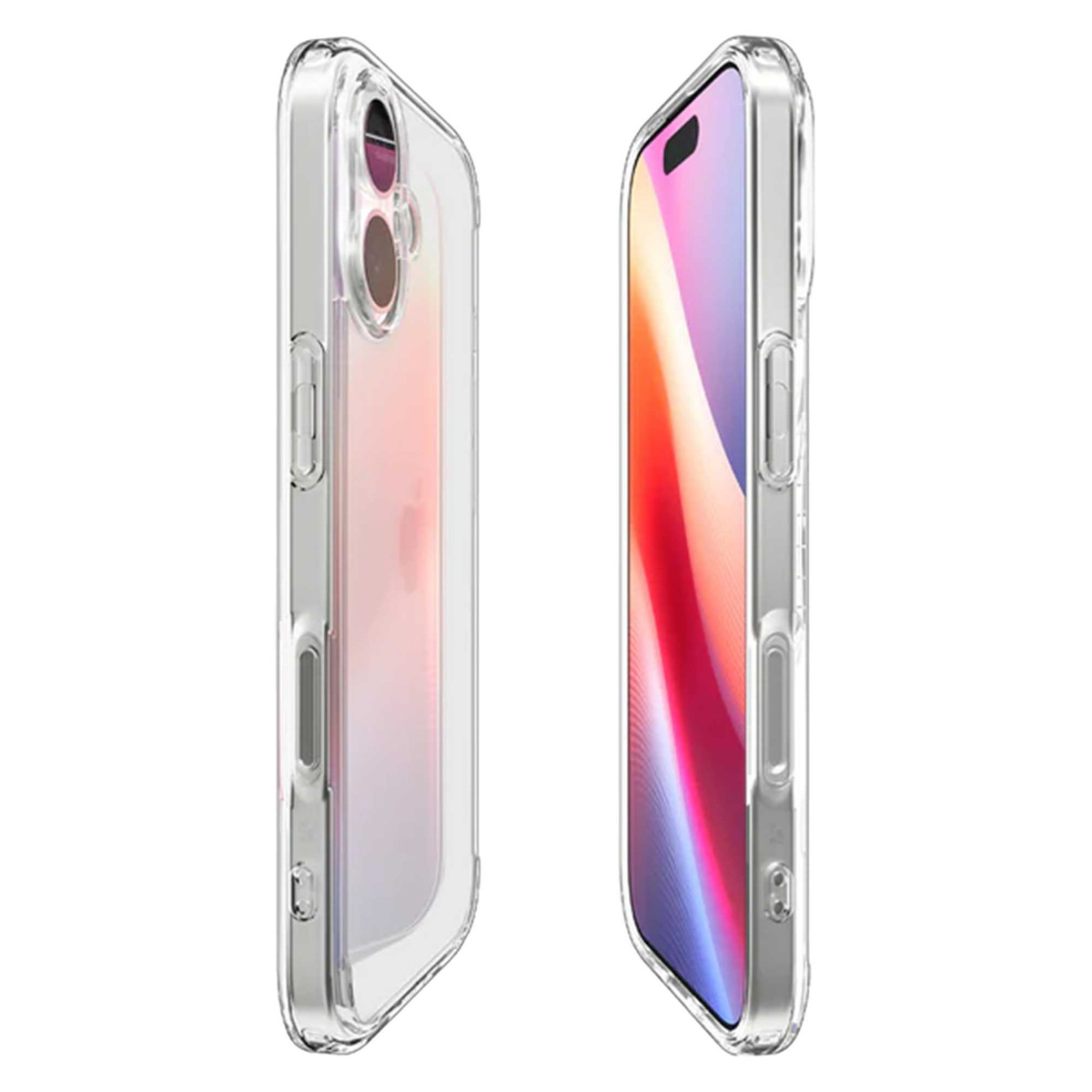 Twee doorzichtige telefoonhoesjes, één met een roze telefoon erin, de andere met een kleurrijk scherm, op een witte achtergrond.