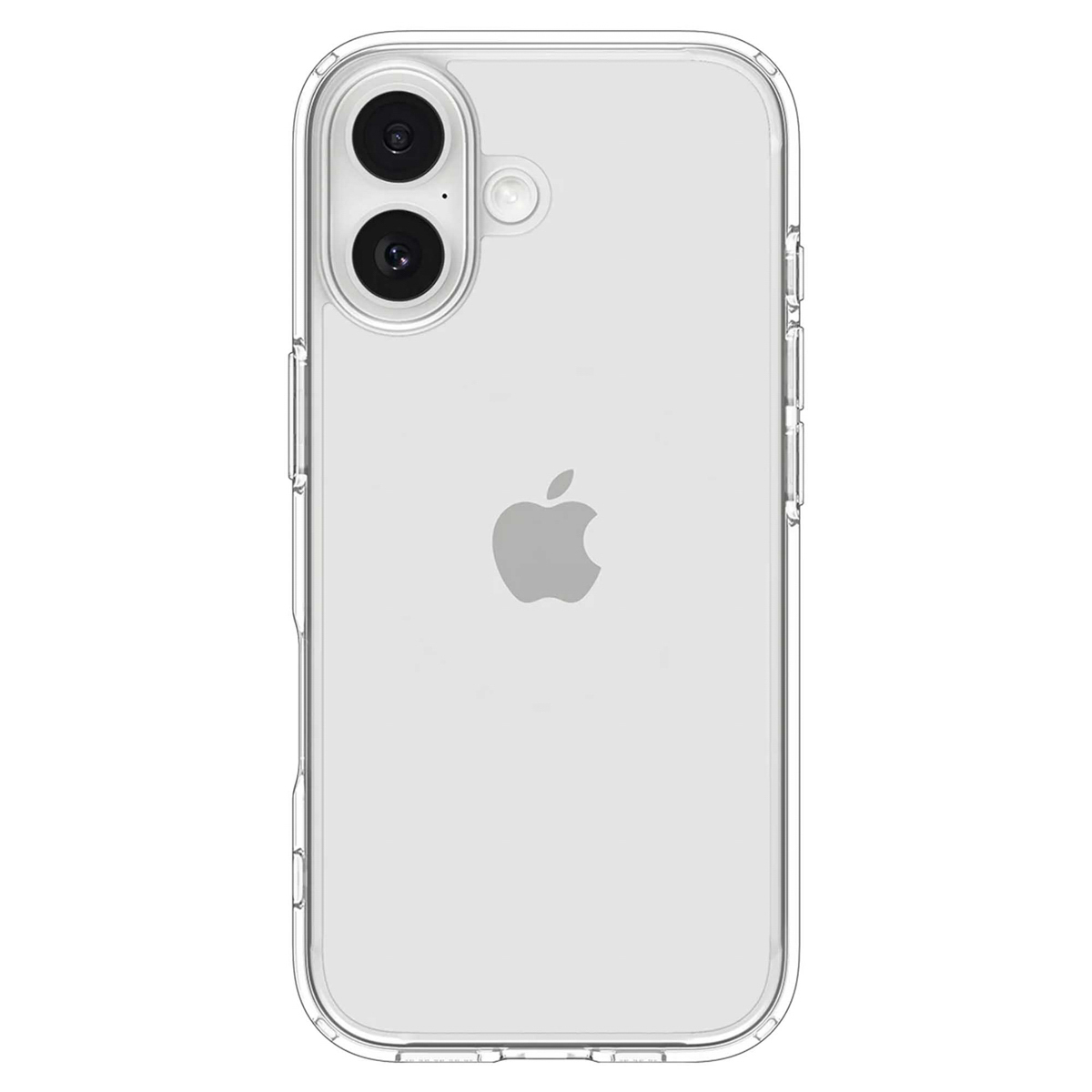 Een transparante telefoonhoes op een witte iPhone. Het Apple-logo is zichtbaar. De hoes heeft een camera-uitsparing en knopafdekkingen.