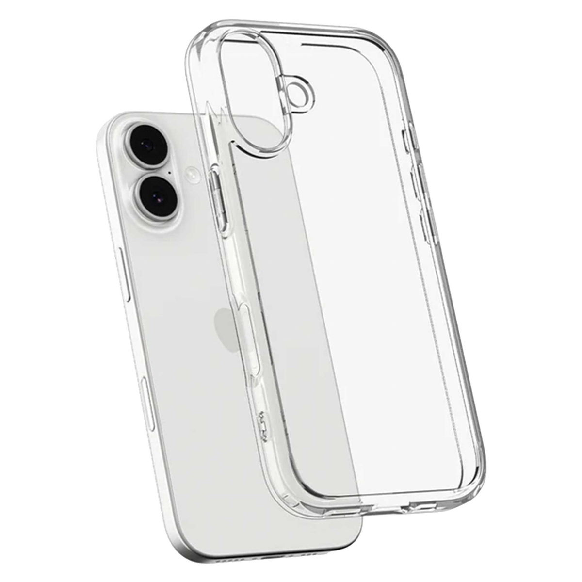 Een doorzichtige telefoonhoes naast een witte iPhone. De hoes is open en toont de camera van de telefoon en het Apple-logo.